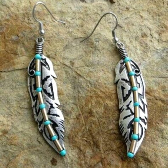 Jewelry - Antique Silver Feather Turquoise Bead Drop Dangle Hook Earrings Bohemia